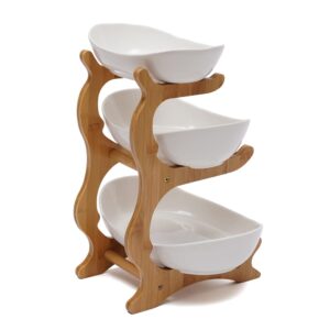 Futchoy Household 3 Tier Ceramic Fruit Plate Bowl,Bamboo Wooden Frame Plate Basket Holder,for Vegetables,Fruit and Candy Organizing (White)