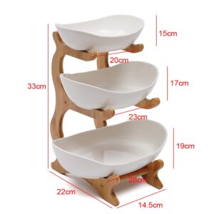 Futchoy Household 3 Tier Ceramic Fruit Plate Bowl,Bamboo Wooden Frame Plate Basket Holder,for Vegetables,Fruit and Candy Organizing (White)