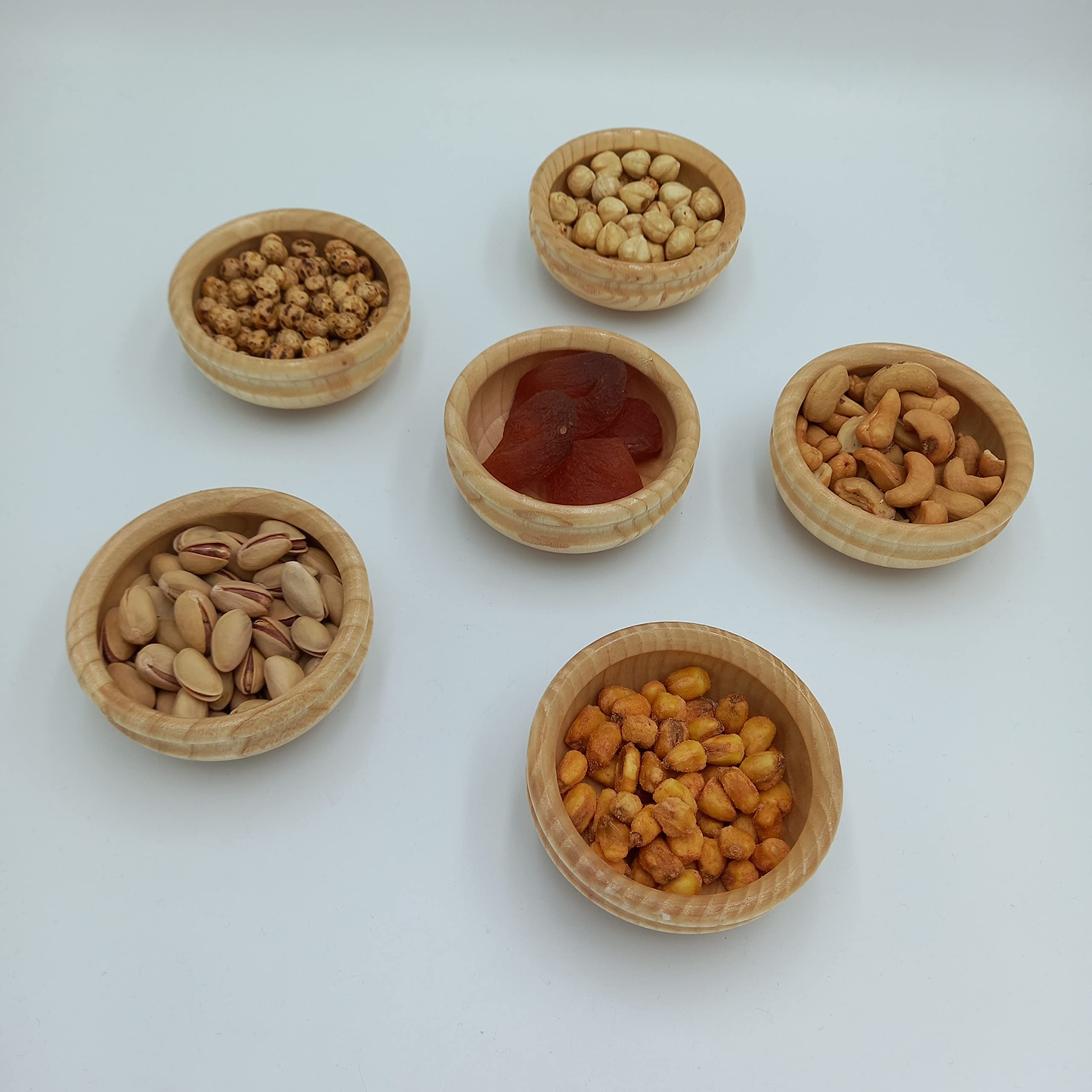 Tubibu Set of 6 Ash Wood Mini Bowls Set, Handmade, Handcrafted Wooden Mini Bowls, Pinch Bowls, Condiment Cups, Salt Cellars, Dip Sauce, Nuts, Candy, Fruits, Appetizer, and Snacks