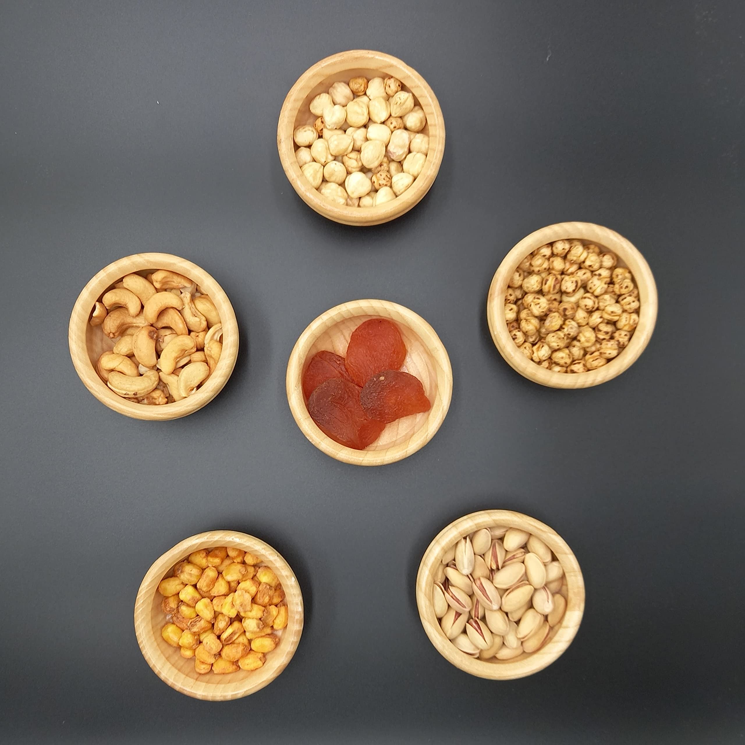 Tubibu Set of 6 Ash Wood Mini Bowls Set, Handmade, Handcrafted Wooden Mini Bowls, Pinch Bowls, Condiment Cups, Salt Cellars, Dip Sauce, Nuts, Candy, Fruits, Appetizer, and Snacks