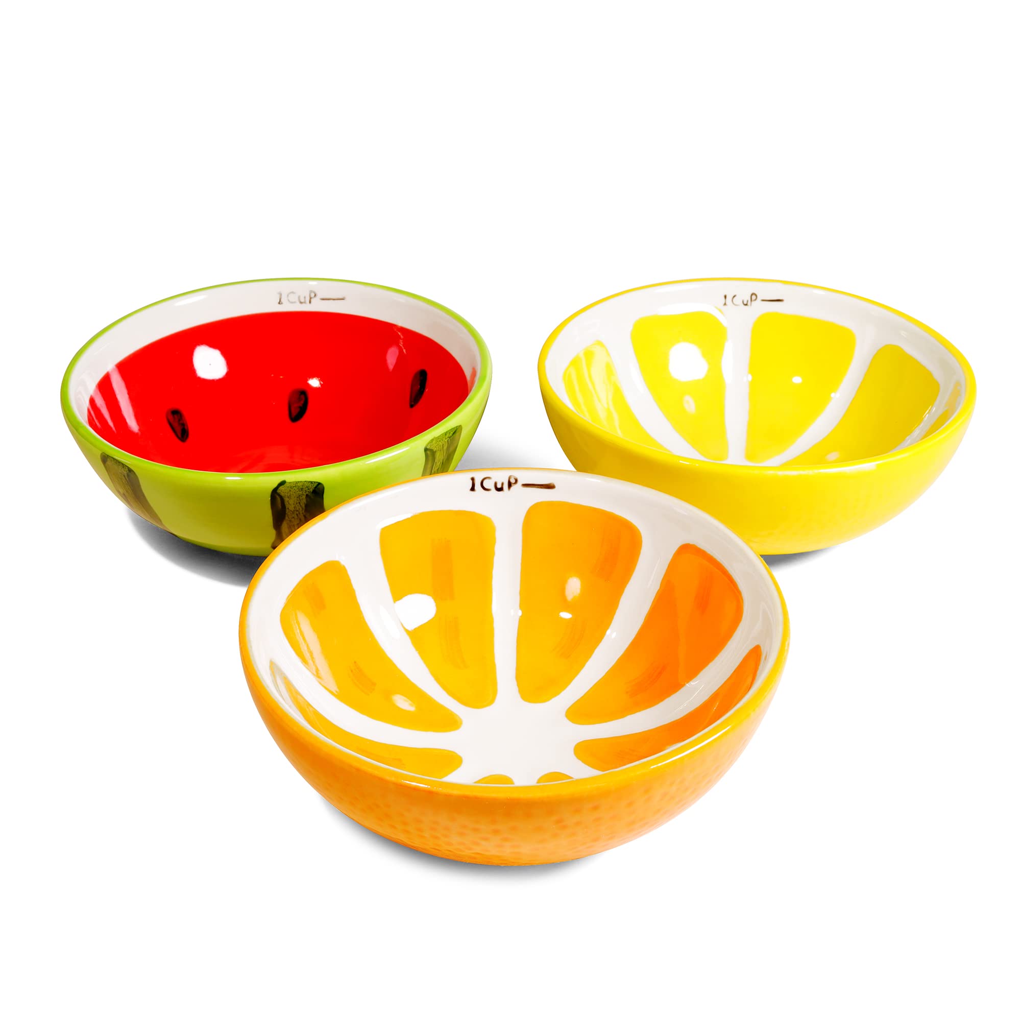 Fruit Bowl Kitchen Set Ceramic Hand Painted Fruit Shaped Lemon, Watermelon, and Orange Bowls For Children - Great Set of 3 Snack Container Salat Bowls for Desserts, Snacks, Rice, Salads, Rice