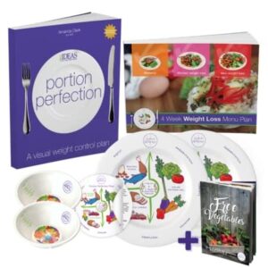portion perfection measuring bowls & 10 inch portion control plate set, international book with 4 week plan & low starch vegetables cookbook for healthier diets, diabetes, weight loss & pre-surgery