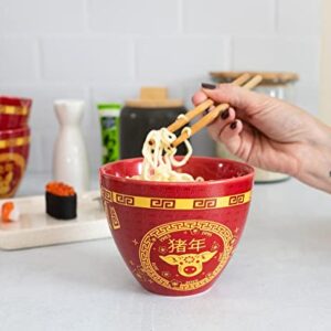 Boom Trendz Year Of The Pig Chinese Zodiac Ceramic Dinnerware Set Includes 16-Ounce Ramen Noodle Bowl Wooden Chopsticks Asian Food Dish Set Home & Kitchen Kawaii Lunar New Year Gifts, Red, One Size