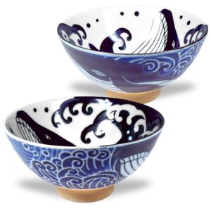 mino ware japanese rice bowl, rice ramen noodle soup sarada pasta, wave whale chawn, 4.6 inch 10oz set of 2