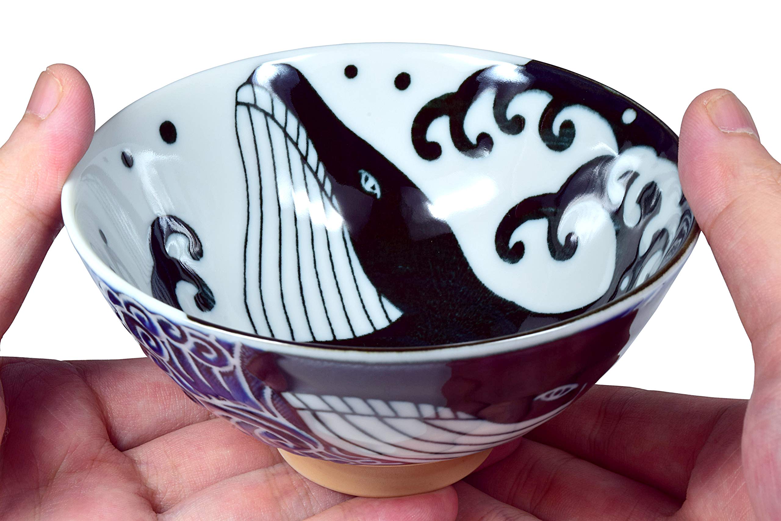 Mino Ware Japanese Rice Bowl, Rice Ramen Noodle Soup Sarada Pasta, Wave Whale Chawn, 4.6 inch 10oz Set of 2