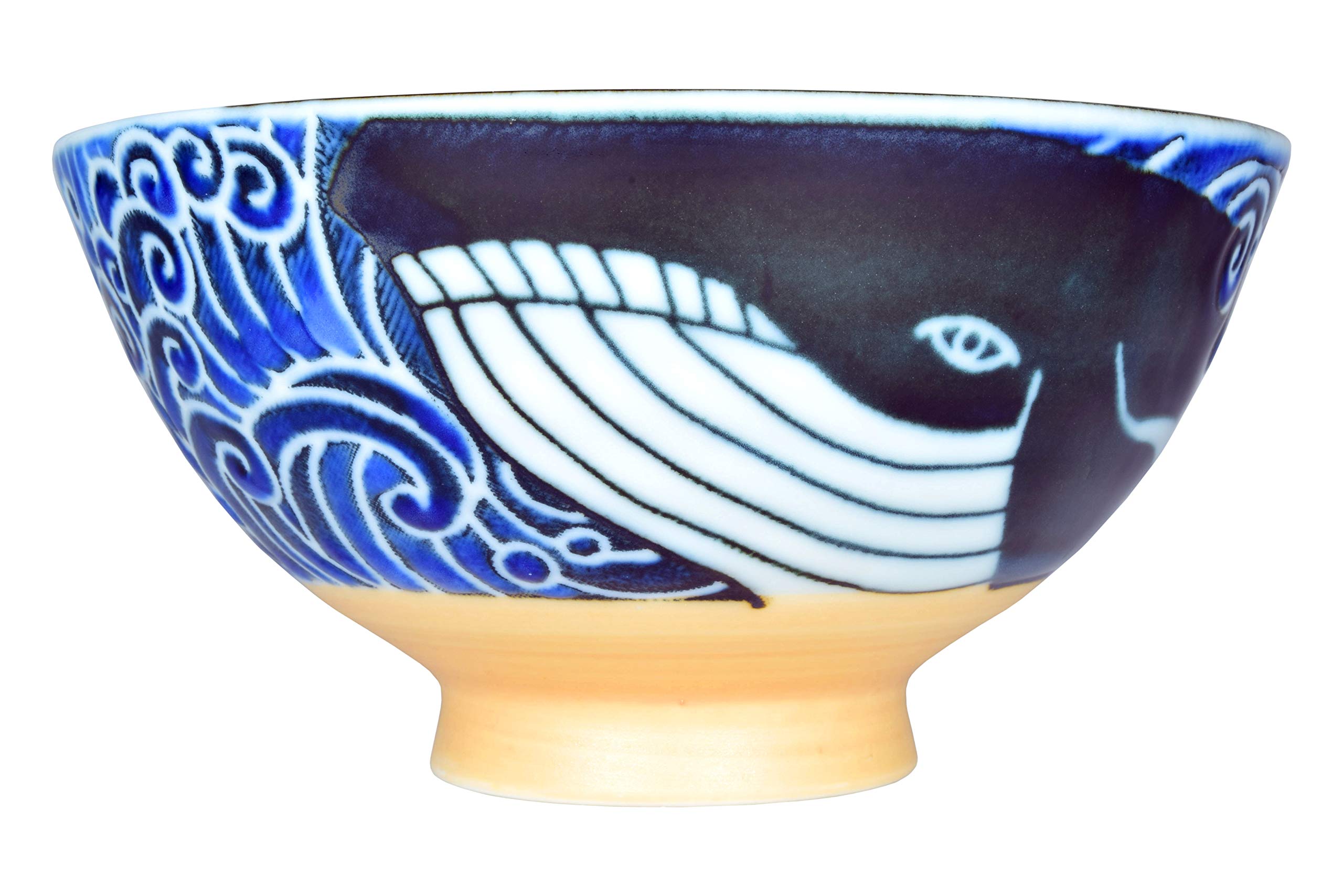 Mino Ware Japanese Rice Bowl, Rice Ramen Noodle Soup Sarada Pasta, Wave Whale Chawn, 4.6 inch 10oz Set of 2
