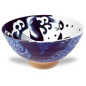 Mino Ware Japanese Rice Bowl, Rice Ramen Noodle Soup Sarada Pasta, Wave Whale Chawn, 4.6 inch 10oz Set of 2