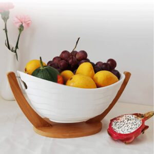 Fruit Basket/Bowl Wood Base Chic Ceramic Dessert Plate Organizer Fruit Dish Home Decor For Party, Family Dinner, Fruit Bowl for Kitchen Counter