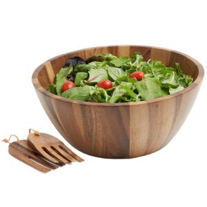 acacia wood salad serving bowl 12” with salad hands 3 piece set by woodard & charles