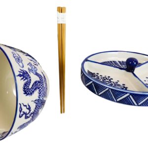 Ebros Japanese Dining Tempura Udon Noodles And Tentsuyu Dipping Sauce Large 6"D Bowl With Condiment Divider Lid And Bamboo Chopsticks And Built In Rest Set (Blue White Oriental Feng Shui Dragon King)