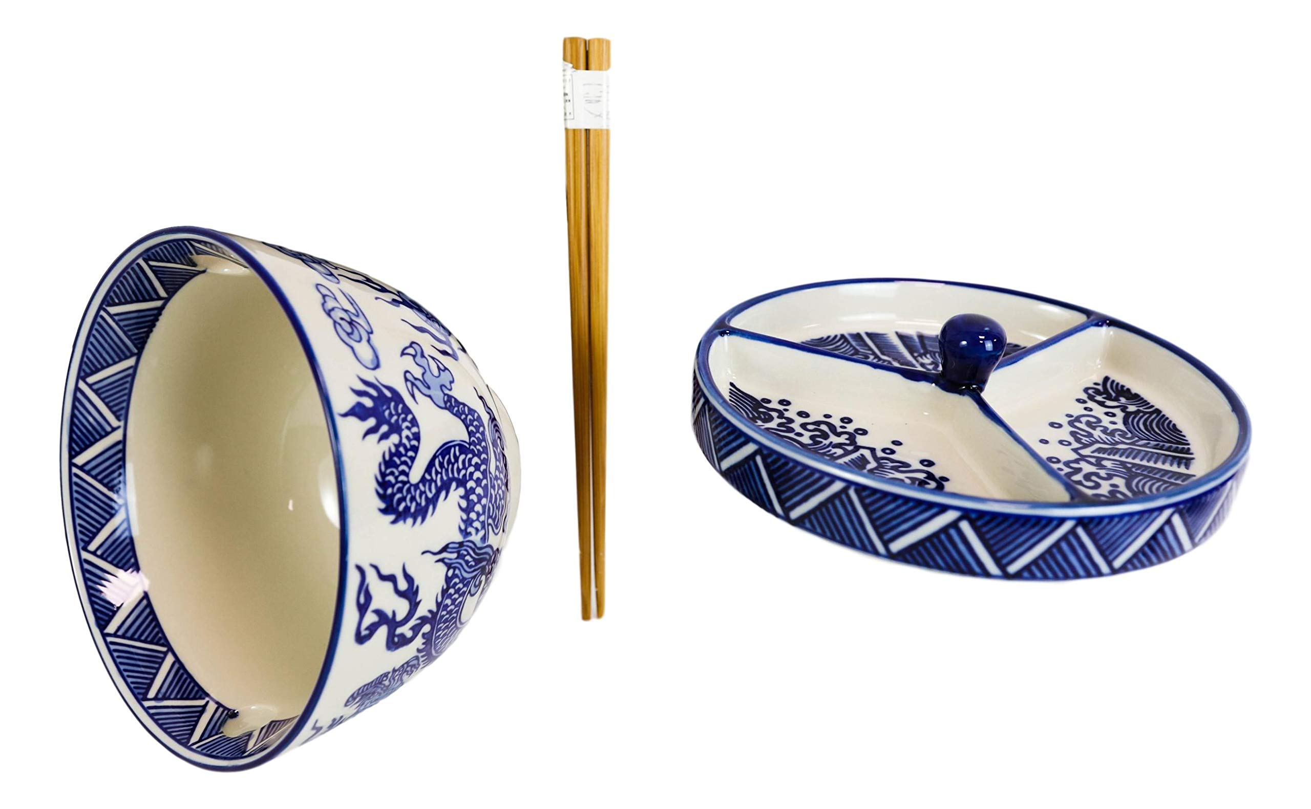 Ebros Japanese Dining Tempura Udon Noodles And Tentsuyu Dipping Sauce Large 6"D Bowl With Condiment Divider Lid And Bamboo Chopsticks And Built In Rest Set (Blue White Oriental Feng Shui Dragon King)