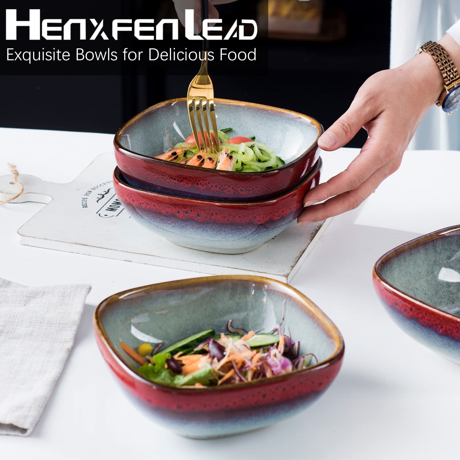 HENXFEN LEAD Ceramic Cereal Bowls, Square Serving Bowls 22 Oz for Side Dish, Appetizers, Salad - Oatmeal, Soup, Fruit Bowls Microwave Oven Safe, Set of 4 - Reactive Red