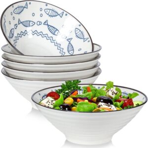 qinlang 32 oz japanese ramen bowls set of 6, pho bowls, 8 inches blue and white ceramic soup bowls, fish pattern