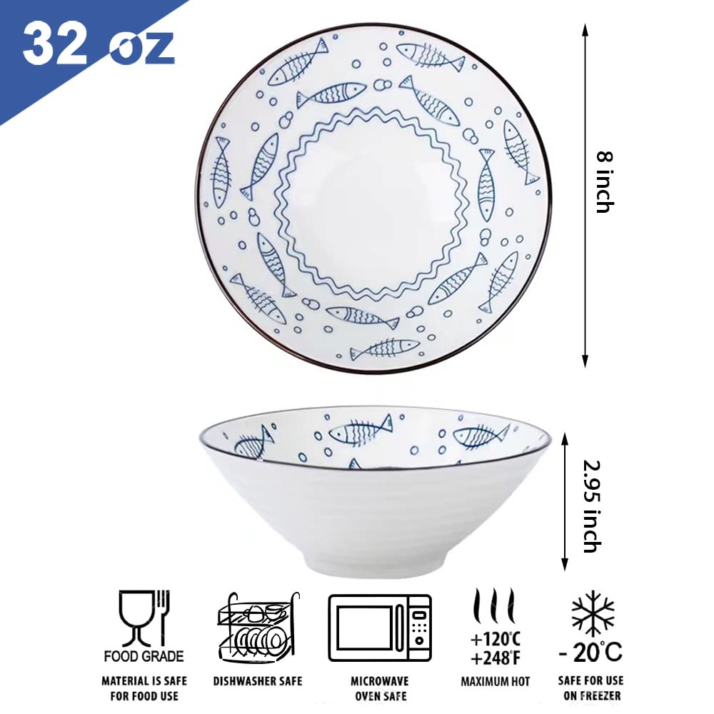 QINLANG 32 oz Japanese Ramen Bowls Set of 6, Pho Bowls, 8 Inches Blue and White Ceramic Soup Bowls, Fish Pattern