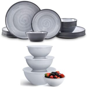 joviton home 32-piece swirl melamine dinnerware sets for 8 and 8-piece mixing bowls with lids set