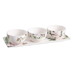 bico magnolia floral ceramic dipping bowl set (9oz bowls with 14 inch platter), for sauce, nachos, snacks, microwave & dishwasher safe