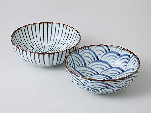 Japanese 7.25"diam Bowls, Blue Ocean Wave, Tokusa Blue Lines Bowls (set of 2)