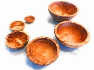 orchard hardwoods nesting set of 6 artisan olive wood serving bowls. unique handmade decorative serve-ware for fruit, salad, snacks, condiments, any food. small mini bowl 2" to large 5.5-6.5"