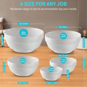 JSYMJSY Porcelain Serving Bowls, Nesting Bowls Set of 5, White, Ceramic, 68 | 47 | 27 | 17 | 12 oz, Microwave & Dishwasher Safe