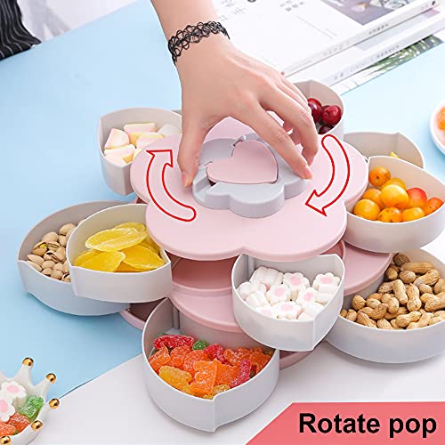 Rotating Snack Tray, Double Deck Petal Shaped Platter, Creative Flower Type Fruit Tray, Segmented Containers With Mobile Phone Holders, for Nut Candy, Dried Fruit Food Storage Organizer (pink)