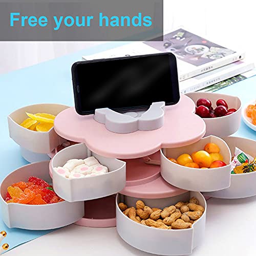 Rotating Snack Tray, Double Deck Petal Shaped Platter, Creative Flower Type Fruit Tray, Segmented Containers With Mobile Phone Holders, for Nut Candy, Dried Fruit Food Storage Organizer (pink)