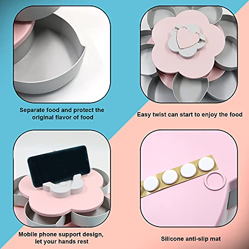 Rotating Snack Tray, Double Deck Petal Shaped Platter, Creative Flower Type Fruit Tray, Segmented Containers With Mobile Phone Holders, for Nut Candy, Dried Fruit Food Storage Organizer (pink)