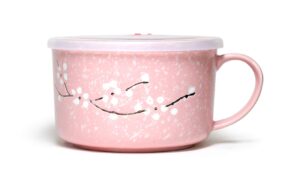 microwavable ceramic noodle bowl with handle and seal fine porcelain sakura snow flake floral design (blossompink)