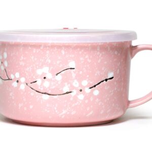 Microwavable Ceramic Noodle Bowl with Handle and Seal Fine Porcelain Sakura Snow Flake Floral Design (BlossomPink)