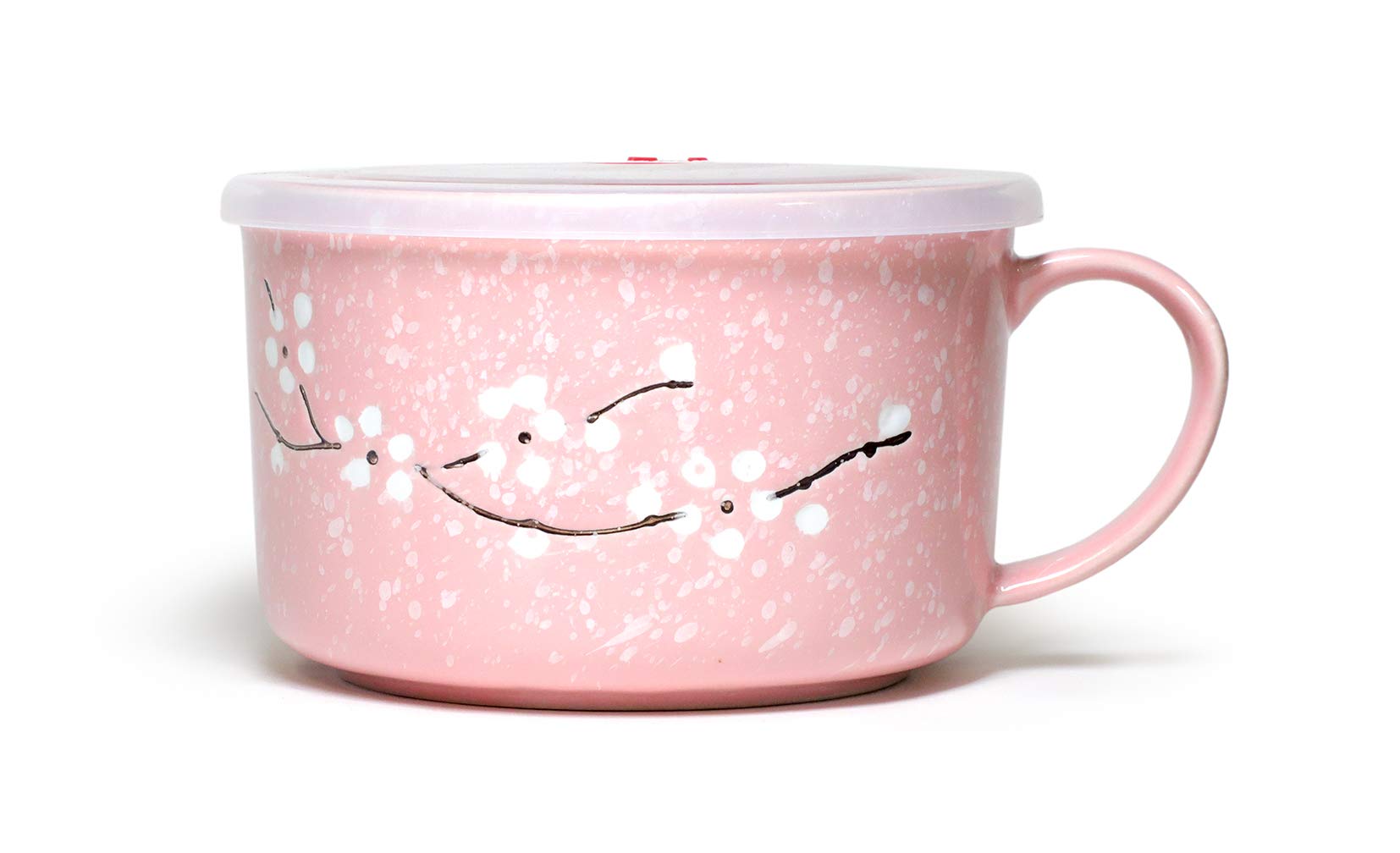 Microwavable Ceramic Noodle Bowl with Handle and Seal Fine Porcelain Sakura Snow Flake Floral Design (BlossomPink)