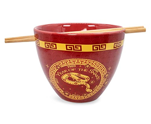 Boom Trendz Year Of The Snake Chinese Zodiac Ceramic Dinnerware Set Includes 16-Ounce Ramen Noodle Bowl Wooden Chopsticks Asian Food Dish Set Home & Kitchen Kawaii Lunar New Year Gifts, Red, One Size