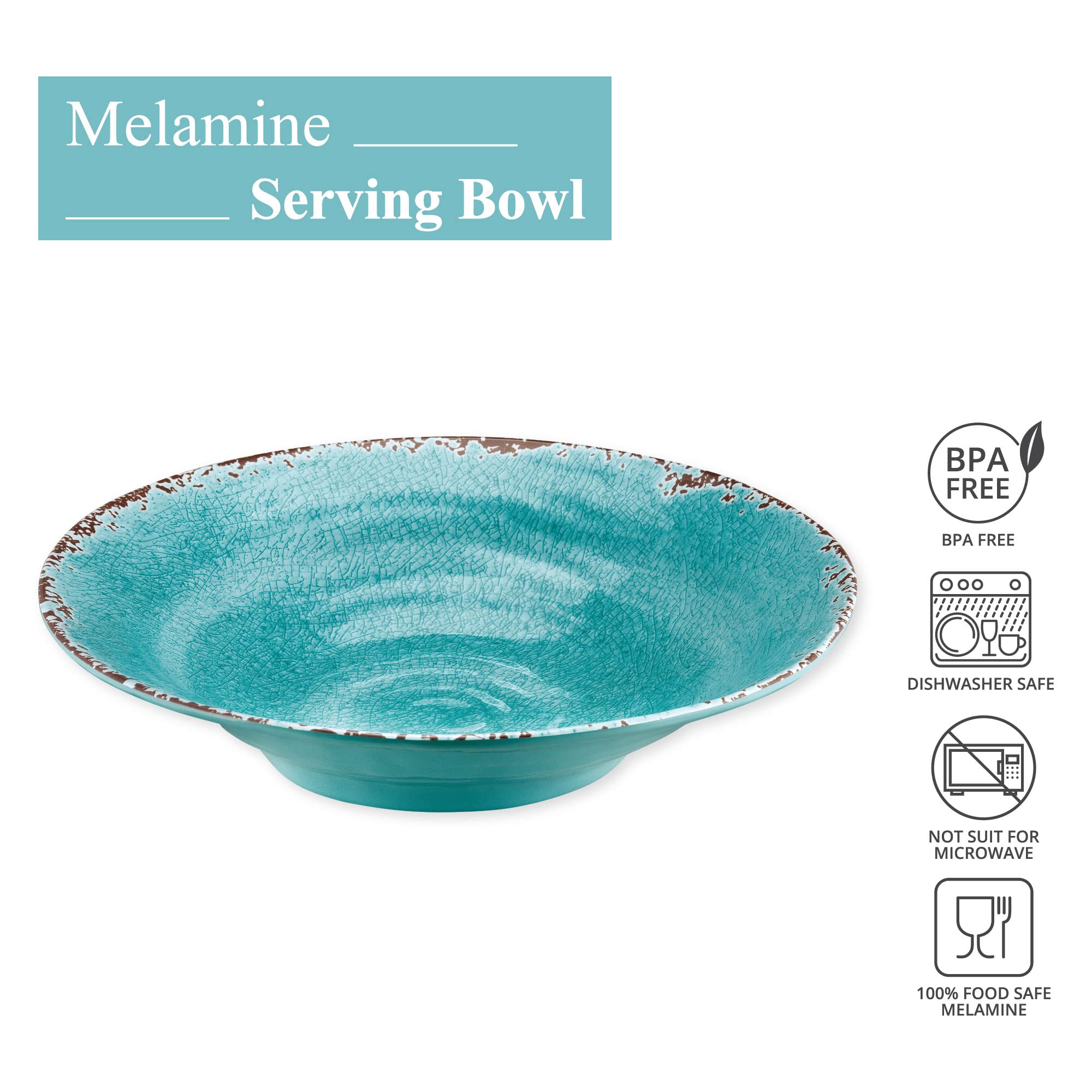 Supreme Housewares 16 Inch Melamine Serving Bowl Large Bowl Mixing Bowl BPA-Free Food Bowl for Charcuterie, Food, Fruit, and Salad (Crackle, Turquoise)