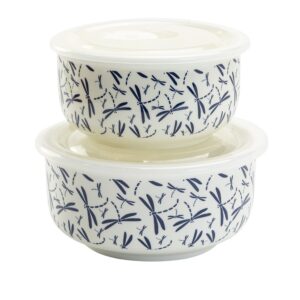 grace teaware pantry nested porcelain storage bowls with vented lids, large and medium 2-piece set, (dragonflies dark blue)