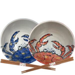 needzo authentic japanese rice bowl set with chopsticks, ceramic bowls with pastel red and blue kani crab design, made in japan, set of 4, 5.25 inches