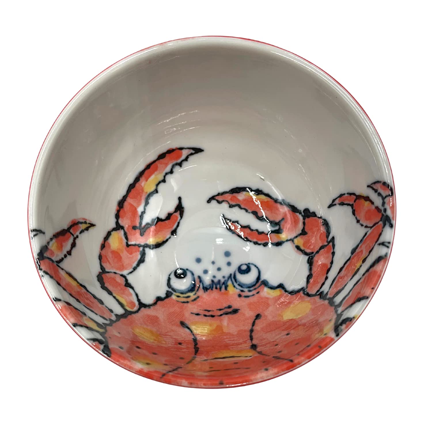 Needzo Authentic Japanese Rice Bowl Set with Chopsticks, Ceramic Bowls with Pastel Red and Blue Kani Crab Design, Made in Japan, Set of 4, 5.25 Inches