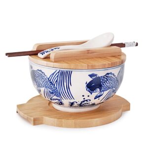 happy sales hskm-blekoi, japanese kamameshi vintage style rice noodle ramen bowl with bamboo lid trivet chopsticks and porcelain spoon bowl set, blue koi