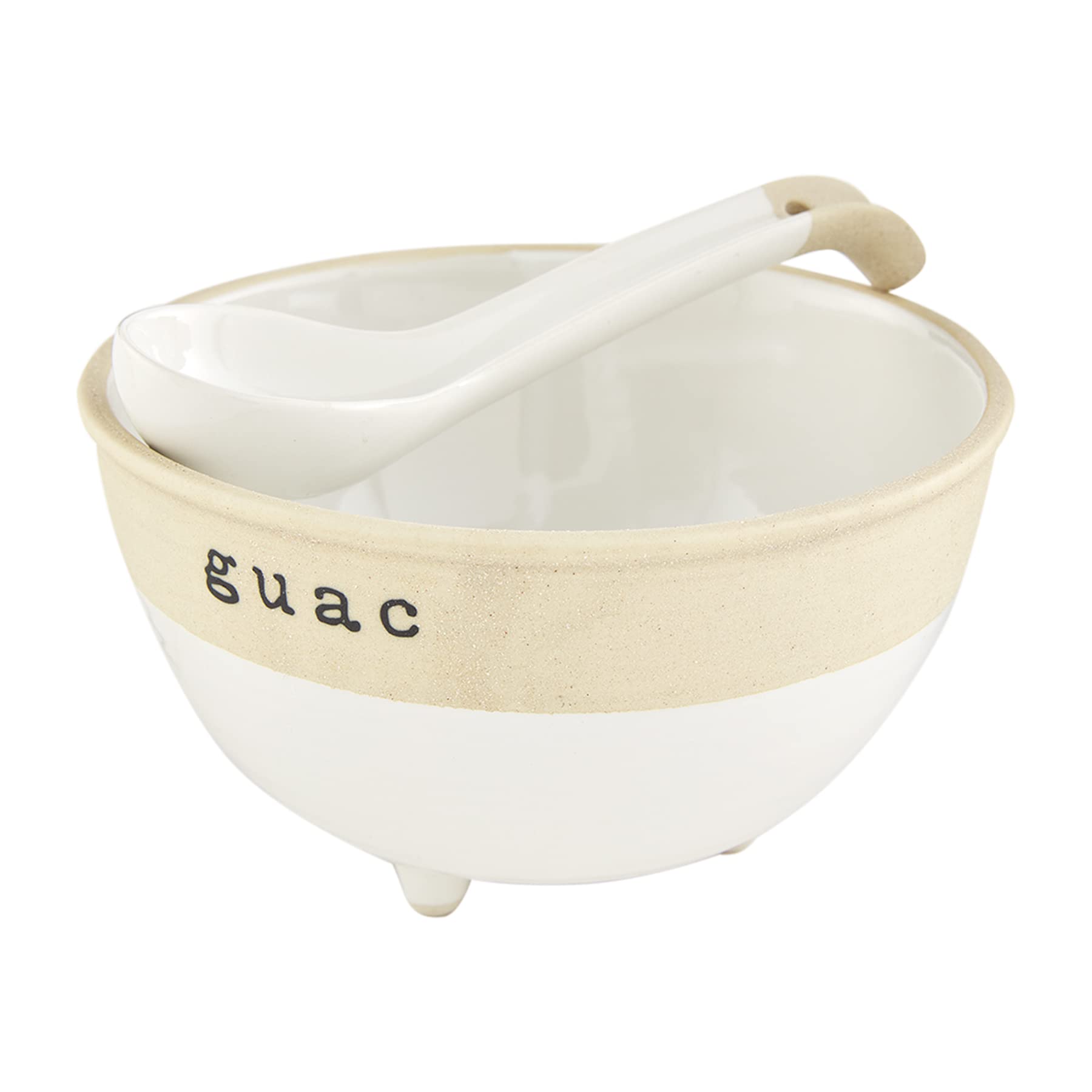 Mud Pie Stoneware Guacamole Set, White, bowl 3 1/2" x 6" dia | spoon 6"