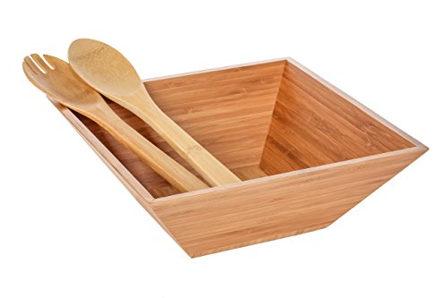 Heim Concept Bamboo Salad Bowl 4 PC Set w/Serving Hands, 2 square bowls & pair salad servers Eco-Friendly BPA Free