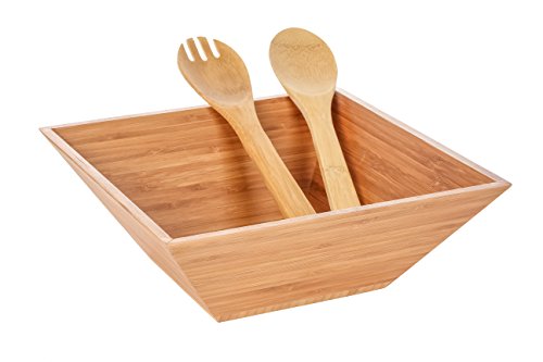 Heim Concept Bamboo Salad Bowl 4 PC Set w/Serving Hands, 2 square bowls & pair salad servers Eco-Friendly BPA Free