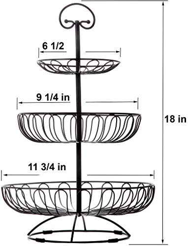 FOYO 3-Tier Fruit Basket Bowl, Countertop Fruit Stand Separable Hanging Basket for Vegetables, Snacks, Household Items - Metal Cast Iron Black