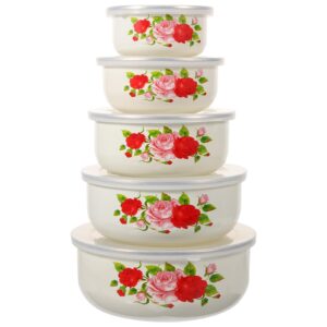 kichvoe 5pcs enamel bowls with lids ice cream salads prepared bowls metal prep baby bowls sugar candy nesting food storage food container bowl 5 pieces