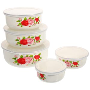 Kichvoe 5Pcs Enamel Bowls with Lids Ice Cream Salads Prepared Bowls Metal Prep Baby Bowls Sugar Candy Nesting Food Storage Food Container Bowl 5 pieces