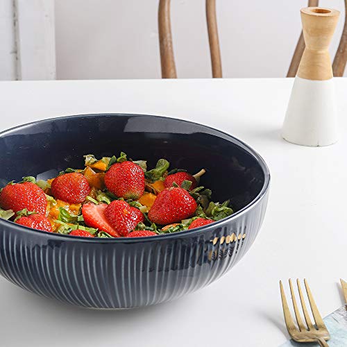 KOOV 2.4 Quarts Porcelain Big Salad Bowl Set, 9" Large Serving Bowls, Ceramic Bowls for Kitchen, Big Bowl for Eating, Striped Series Set of 2 (Aegean)