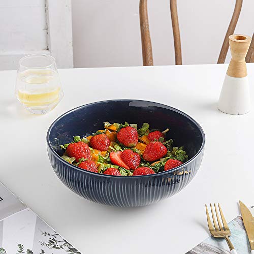 KOOV 2.4 Quarts Porcelain Big Salad Bowl Set, 9" Large Serving Bowls, Ceramic Bowls for Kitchen, Big Bowl for Eating, Striped Series Set of 2 (Aegean)