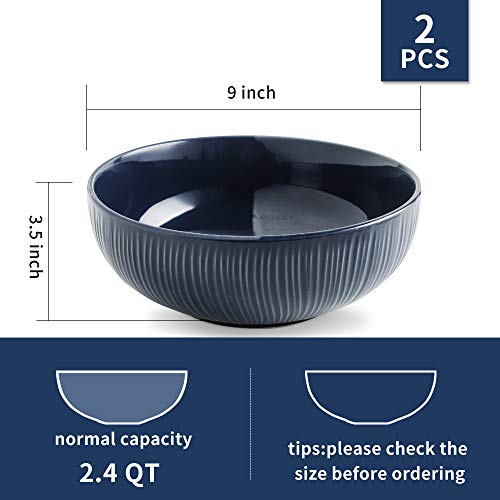 KOOV 2.4 Quarts Porcelain Big Salad Bowl Set, 9" Large Serving Bowls, Ceramic Bowls for Kitchen, Big Bowl for Eating, Striped Series Set of 2 (Aegean)