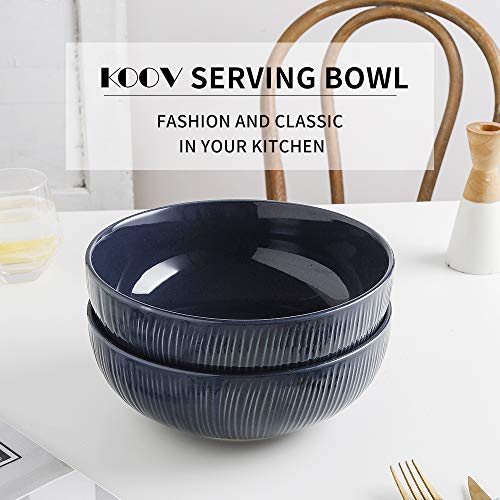 KOOV 2.4 Quarts Porcelain Big Salad Bowl Set, 9" Large Serving Bowls, Ceramic Bowls for Kitchen, Big Bowl for Eating, Striped Series Set of 2 (Aegean)