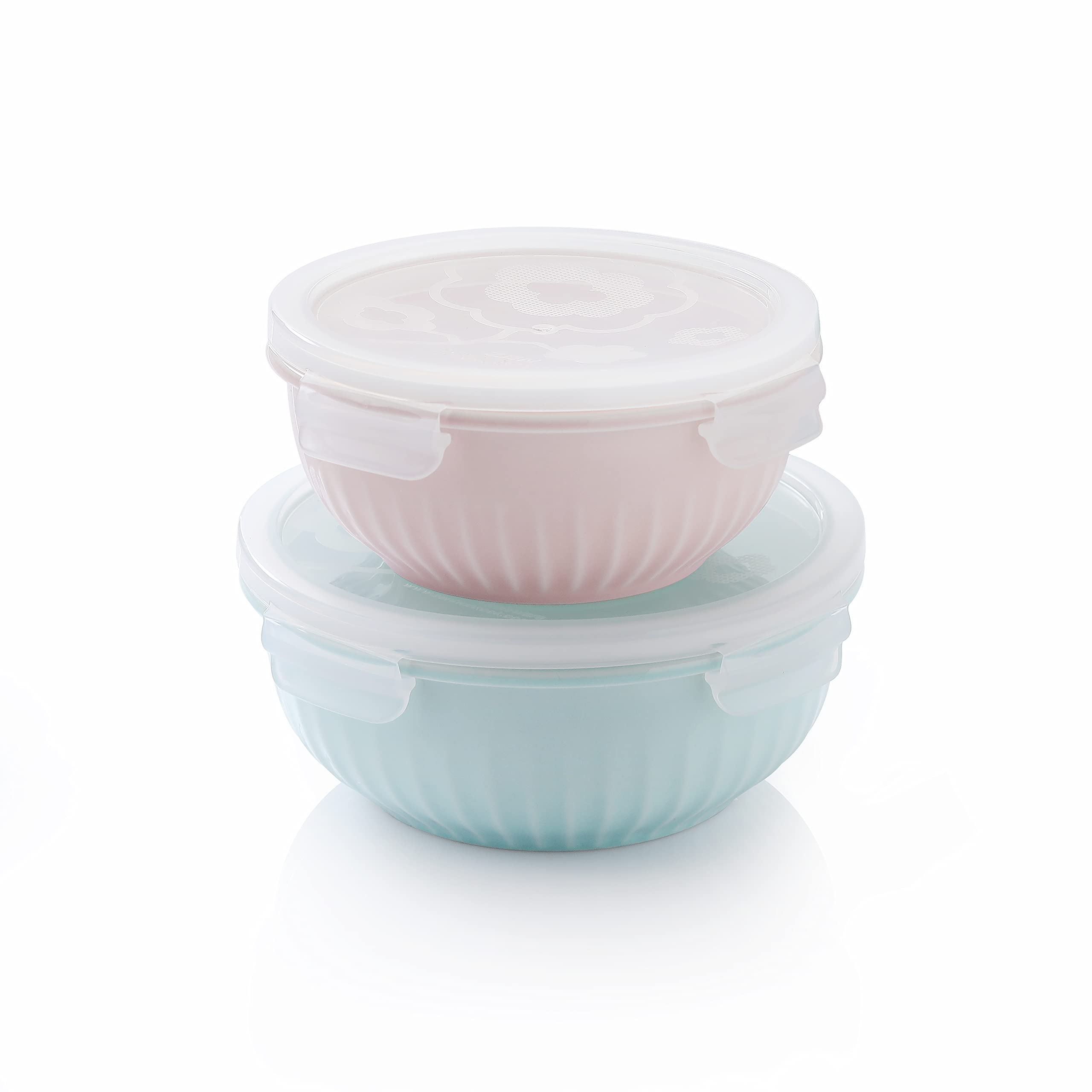 ZEN Pleats Porcelain Serve and Store Airtight Container 14&22oz Bowls Set of 2 (Mixed Color)