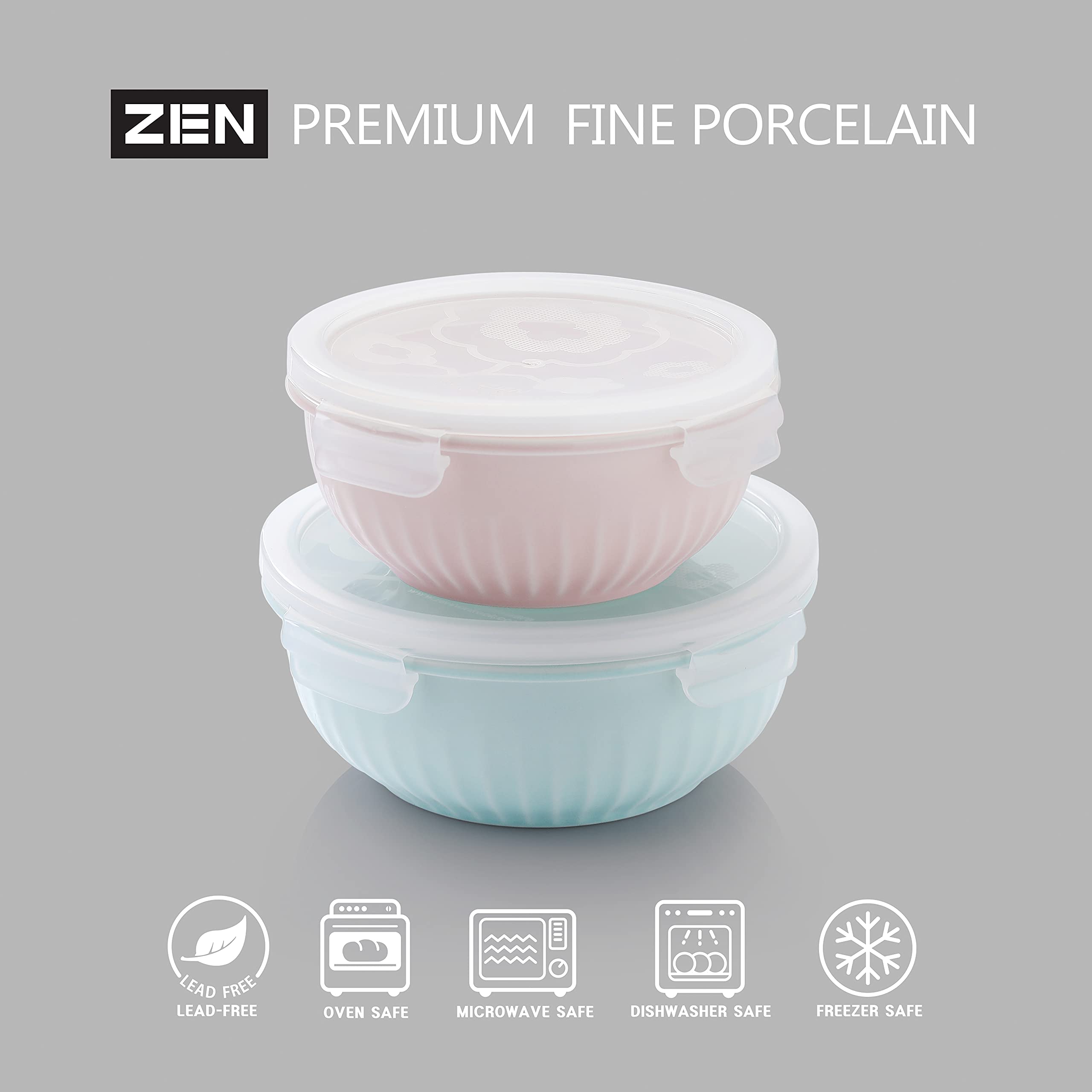 ZEN Pleats Porcelain Serve and Store Airtight Container 14&22oz Bowls Set of 2 (Mixed Color)