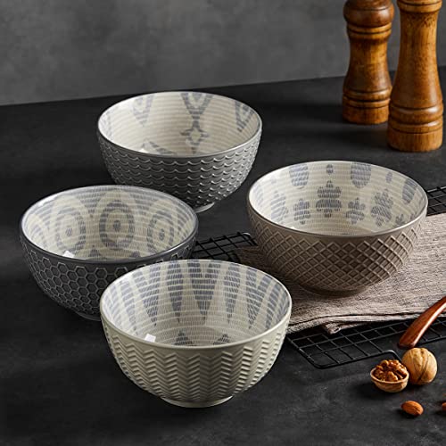 Signature Housewares Pad Print Set of 4 Assorted 6” Bowls, for cereal, ice cream, soup, PP32 Plata Grey