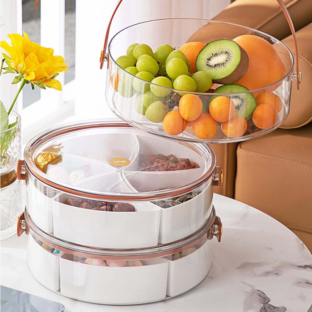 Clear Divided Serving Tray with Lid and Handle, Round Portable Plastic Veggie Tray Party Platter Food Storage Container Box for Snack Dried Fruit Nuts Candy Appetizer Vegetable