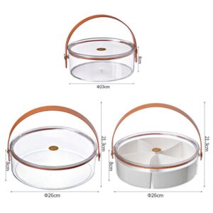 Clear Divided Serving Tray with Lid and Handle, Round Portable Plastic Veggie Tray Party Platter Food Storage Container Box for Snack Dried Fruit Nuts Candy Appetizer Vegetable